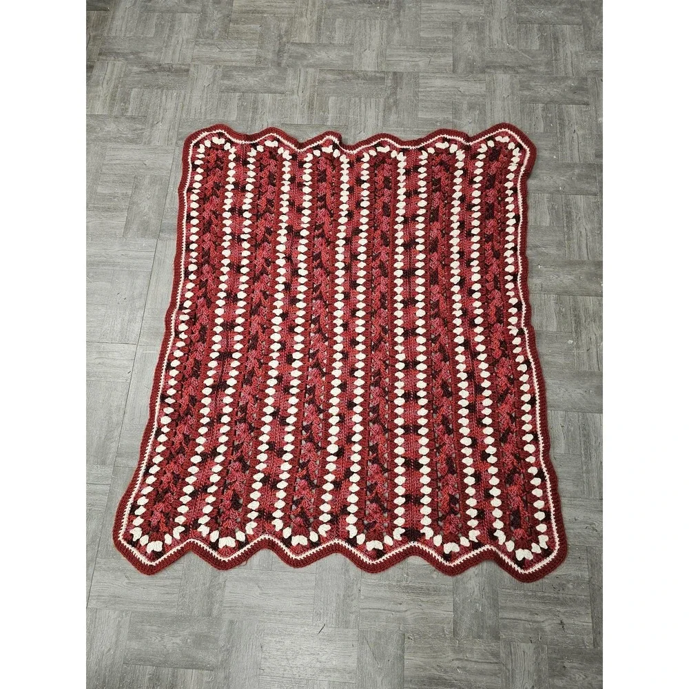 Handmade Knit‎ Throw Blanket 50x60 Red White Striped Vintage Retro Afghan Cozy